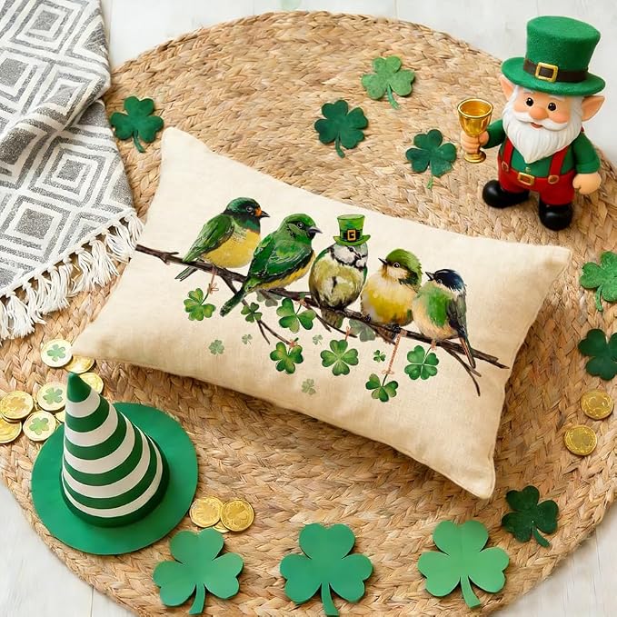RABUSOFA St.Patricks Day Pillow Covers 12x20 Inch,Birds Shamrock St Patricks Day Decorations Holiday Spring Decorative Pillow Case Decor for Sofa Couch Green
