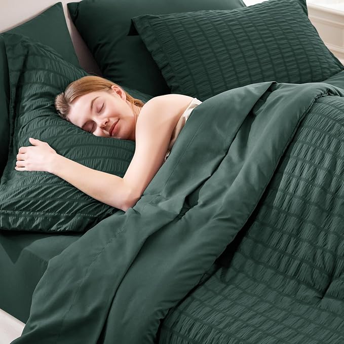 Oversized King Seersucker Comforter Set, Forest Green, 120 x 98 in | OEKO-TEX Certified, 7 Pieces Bed in a Bag with 240 GSM Down Alternative Comforter, Flat & Fitted Sheets, Pillowcases & Shams