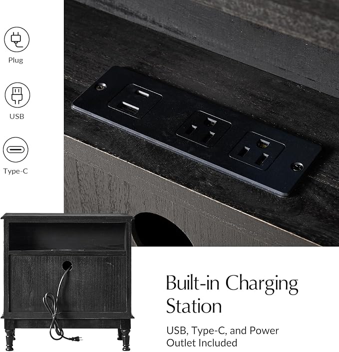 HULALA HOME Solid Wood End Table Set of 2 with Charging Station, 3 Drawer End Table with Pull-Out Tray, USB & Type-C Ports, Traditional Curved Front Accent Side Table for Living Room Sofa, Charcoal