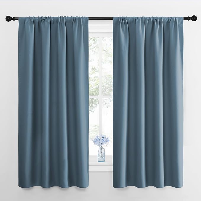 NICETOWN Kitchen Curtains, Short Blackout Drapes, Smoky Blue, 34 in x 45 in (W x L), Set of 2, Thermal Insulated Rod Pocket Window Treatment Draperies for Nursery