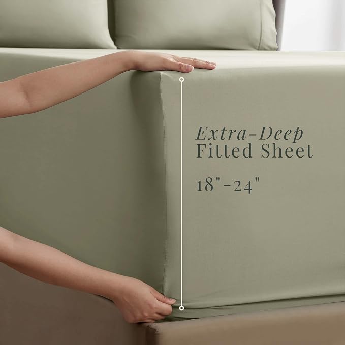 Hearth & Harbor Extra Deep Pocket King Size Sets - Fits Mattress 18-24 Inches Deep - Extra Deep Pocket Sheets - 6 Piece King Size - Sage