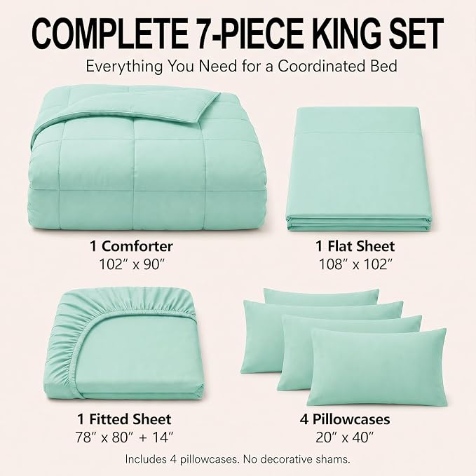 King Size Comforter Set Mint Green - 7 Pieces Bed in a Bag | OEKO-TEX Certified, All-Season, Bedroom, Guest Room, Down-Alternative Comforter + Flat & Fitted Sheets + 4 Pillowcases