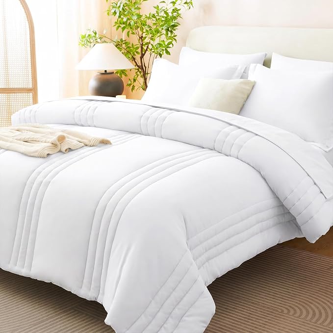 Queen Comforter Set White - 7 Pieces Vertical Quilted Bed in a Bag | OEKO-TEX Certified, 240GSM Down-Alternative Comforter, 14" Deep-Pocket Sheets, Shams & Pillowcases, Lightweight