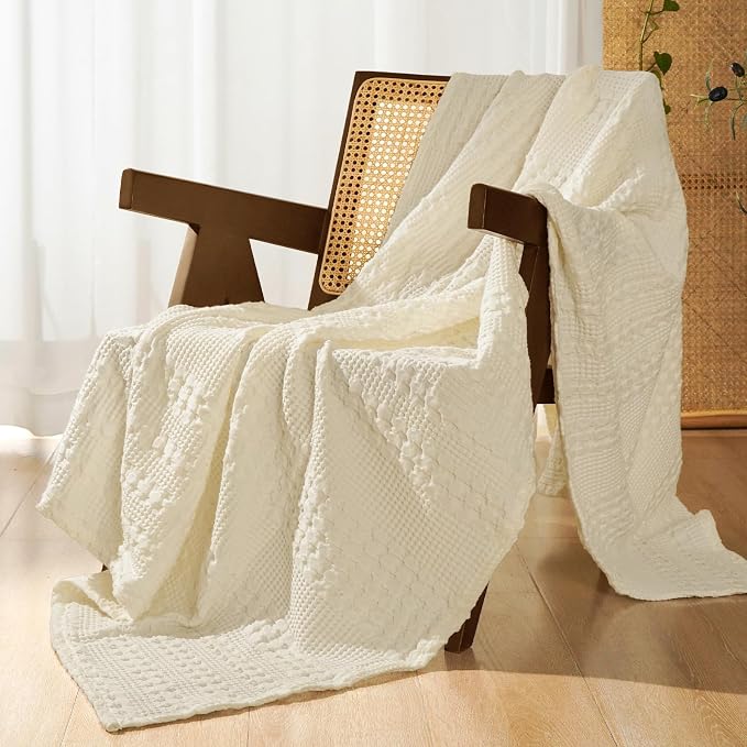 PHF Lightweight 100% Cotton Waffle Throw Blanket for Couch, Cannoli Cream | Pre-Washed Soft Cotton Comfort, Breathable Layering Warmth for Fall & Winter, Office, Travel, Sofa, Home Decor & Gifts