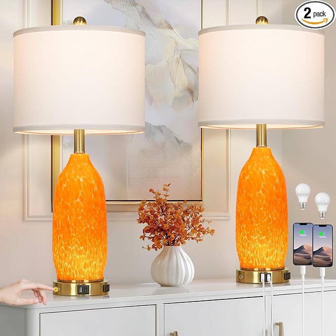 Rinweey 26" Modern Orange Glass Table Lamp Set of 2,Bedside Lamps with USB A+C Ports & AC Outlet, Nightstand Lamp with 3-Way Dimmable Touch Control Night Light for Bedroom Living Room(Bulbs Included)