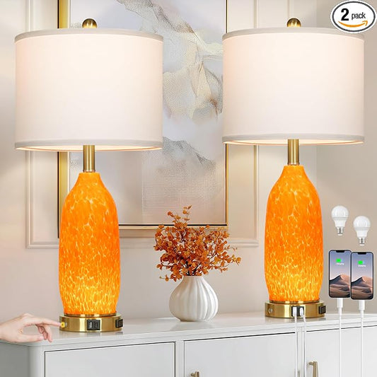 Rinweey 26" Modern Orange Glass Table Lamp Set of 2,Bedside Lamps with USB A+C Ports & AC Outlet, Nightstand Lamp with 3-Way Dimmable Touch Control Night Light for Bedroom Living Room(Bulbs Included)