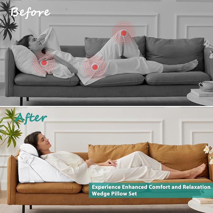 3Pcs Orthopedic Bed Wedge Pillow Set, Foam Wedge Pillow Post Surgery for Back, Leg and Knee Support, Adjustable 9&12 Inch Folding Triangle Pillow for Sleeping, Acid Reflux, Snoring, White