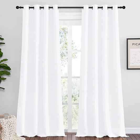 NICETOWN Pure White Blackout Curtains for Kids Room 55" w x 102" L 2 Panels | Triple Weave Microfiber Home Thermal Insulated Solid Ring Top Panels Drapes for Bedroom Living Room, Light Blocking Decor