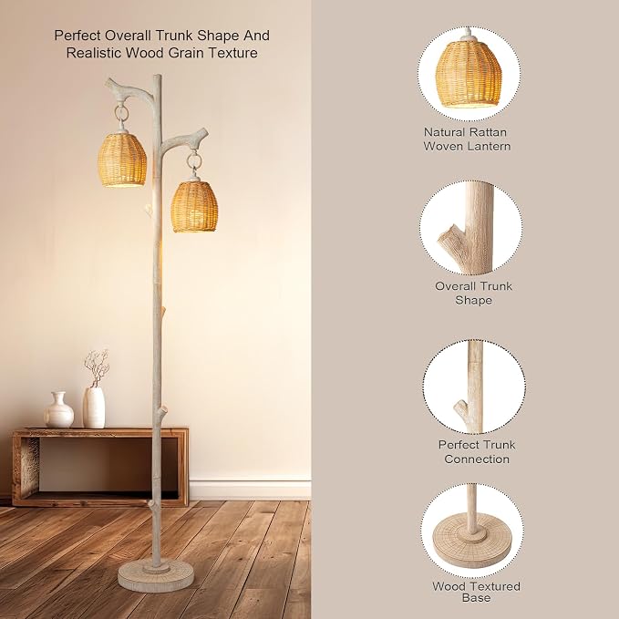 Scenekoy 68" Tall Floor Lamp with Wicker Drum Shade, Foot Switch Dimming | Tree Trunk Washed White Finish, Resin Farmhouse Rustic Standing Lamp with Bulb, Decor for Living Room Bedroom Reading Room