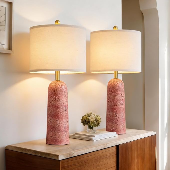 BOBOMOMO 27.25" Modern Table Lamp Set of 2, Red Resin Table Lamps with Stone Look, Lamps for Living Room with Linen Shades, Bedside Lamps for Bedroom Nightstand, Table Lamps for Living Room End Tables