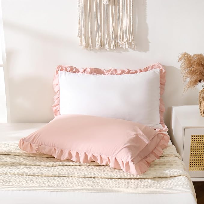 Merryword Pink Pillow Shams White and Pink Reversible King Pillowcases Cute Pillow Cover Set of 2 Soft Shabby Chic Ruffled Pillowcases 2 Pack (King (20''x36''), White Pink)