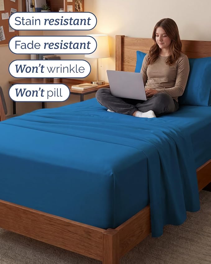 Extra Deep Twin XL Sheet Set - 3 Piece College Dorm Room - Denim Blue | Soft, Breathable & Cooling, Easily Fits 18 to 24 inch Mattress, Wrinkle Free & Fade Resistant with Extra Deep Pockets