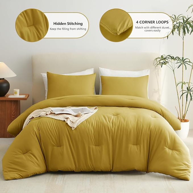 Queen Comforter Set 3-Piece Down Alternative Bedding Mustard Yellow | 270 GSM All Season Comforter with 4 Corner Ties for Use as a Duvet Insert, OEKO-TEX Certified, 2 Pillowcases, 88 x 88 in