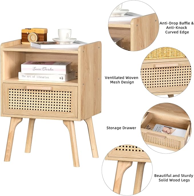 Lerliuo Rattan Nightstand, Boho Side Table with Drawer Open Shelf | Cane Accent Bedside End Table with Solid Wood Legs for Bedroom, Dorm and Small Spaces (Natural)