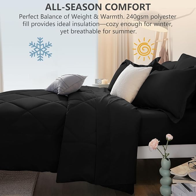 Full Size Comforter Sets Black - 7 Pieces Complete Bedding Set | OEKO-TEX Certified, All Season, 240GSM Down-Alternative Comforter, Sheets, Pillowcases & Shams, 14" Deep Pocket, Easy Care