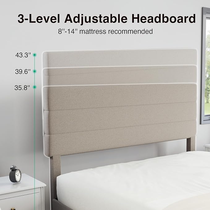 Novilla King Bed Frame and Headboard, King Bed Frame, Linen Upholstered Stripe Bed Frames, No Box Spring Needed, Heavy Duty Feet, Easy Assembly, Beige