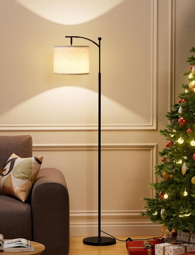 60" Modern Floor Lamp with Beige Shade, 9W LED Bulb | 3 Color Temperatures Bulb, Adjustable Linen Shade, Standing Lamps for Living Room Bedroom Office Classroom Dorm, Black Pole