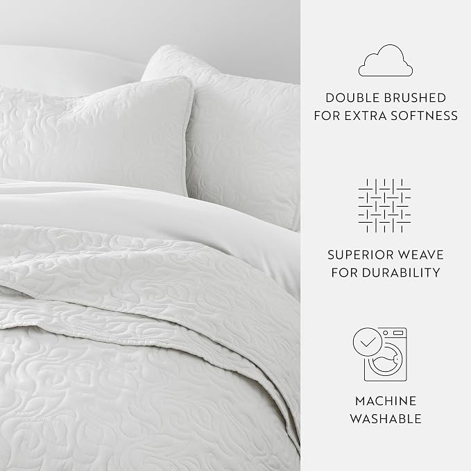 Merit Linens Modern Quilt Coverlet Soft Set in Floral Stitching - King/Cal-King White