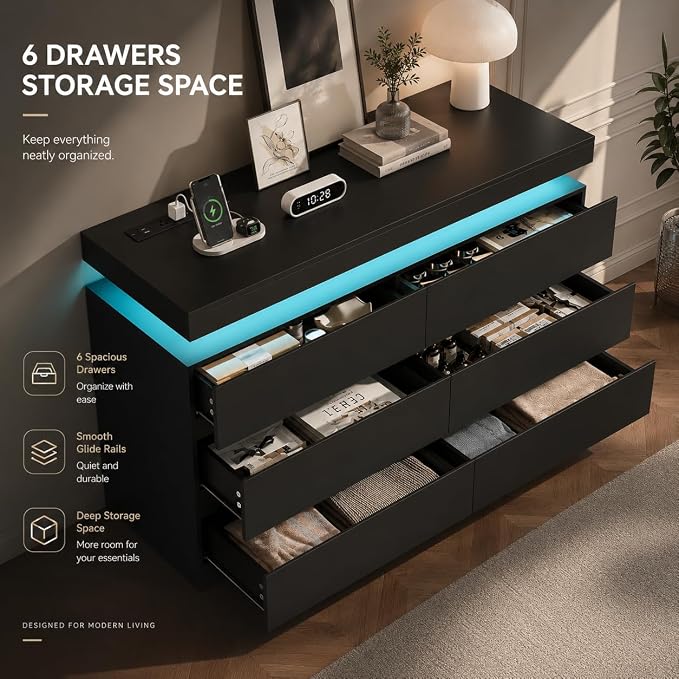 6 Drawer Dresser with LED Lights & Charging Station, Modern Floating Black Dresser for Bedroom, Smart Storage Chest with 2 AC Outlets & USB Ports for Living Room, Closet, Entryway