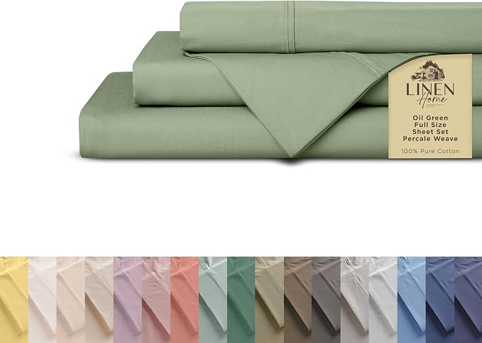 Linen Home 100% Cotton Percale Sheets Full Size, Oil Green – Crisp & Cool, Breathable, Long-Staple Combed Cotton, 16" Deep Pocket, 4 Pieces: 1 Flat, 1 Fitted Sheet & 2 Pillowcases