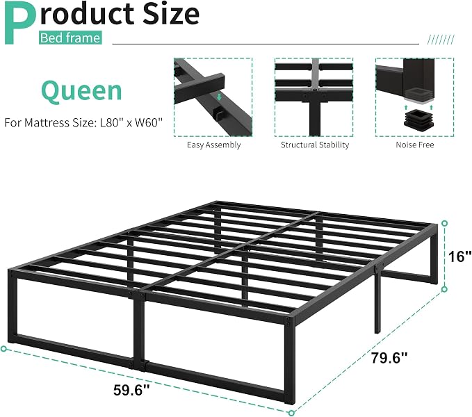 Lutown-Teen 16 Inch Bed Frame Queen Size with Heavy Duty Steel Slat Support | Metal Platform Queen Bed Frame No Box Spring Needed, Easy Assembly, Black