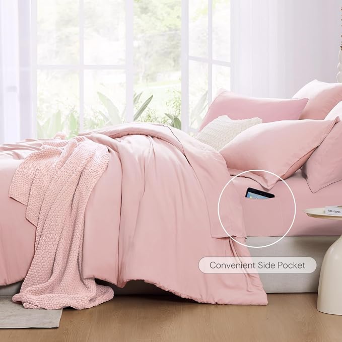 Queen Comforter Set-7 Pieces Soft Prewashed Bed in a Bag Queen Bedding Sets | All Season Comforter with Sheets, Pillow Shams & Pillowcases, Soft Pink