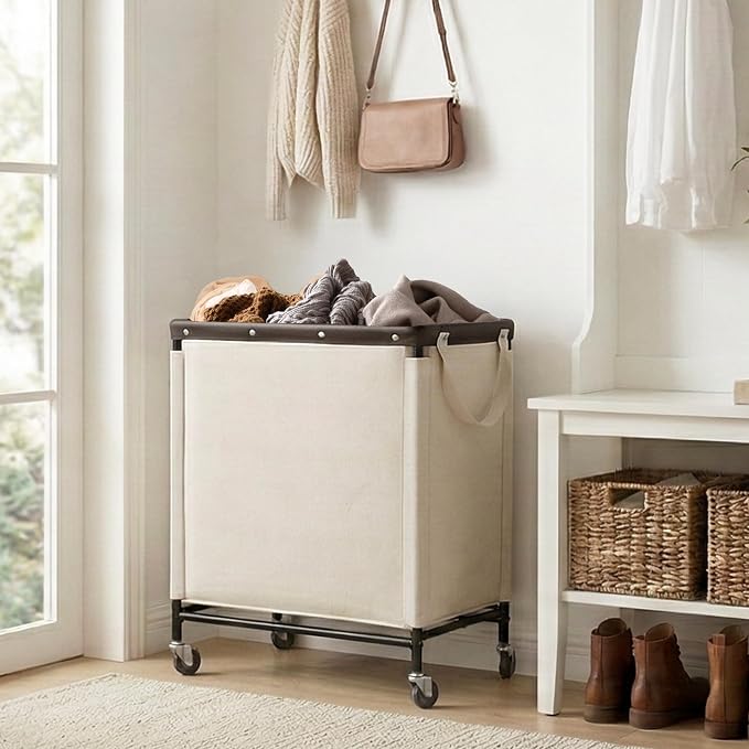 StorageWorks 3 Section Laundry Hamper, 120L Beige Sorter Cart with Wheels | 3 Section Beige Sorter Cart, Rolling Organizer for Bedroom, Bathroom, Apartment, Hotel
