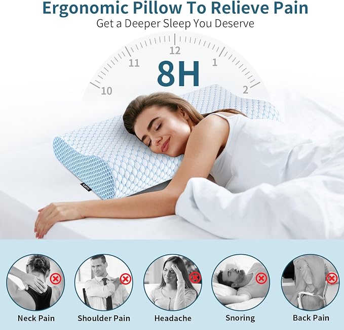 Cervical Pillow for Neck Pain Relief, Contour Memory Foam Pillows for Sleeping, Ergonomic Pillow Cooling Pillow Bed Pillow Neck Support for Side Back Stomach Sleepers (Blue, Queen Size)