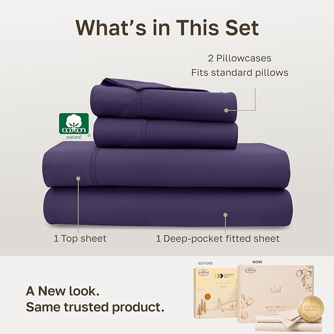 California Design Den Soft 100% Cotton Sateen Full Sheet Set, 4 Pcs, Purple | 400 Thread Count Backed by Good Housekeeping Seal, 16" Deep Pocket, All-Around Elastic, Durable, Easy Care