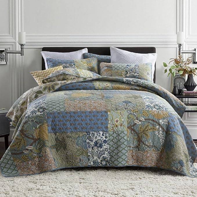 ENASAL Cotton Bedspread Quilt Sets Reversible Bedding Coverlet Sets Comforter, Patchwork Vintage Floral Paisley Farmhouse Pastoral Turquoise Bedspread, Queen Size