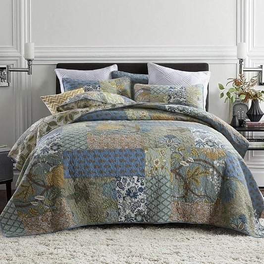 ENASAL Cotton Bedspread Quilt Sets Reversible Bedding Coverlet Sets Comforter, Patchwork Vintage Floral Paisley Farmhouse Pastoral Turquoise Bedspread, Queen Size