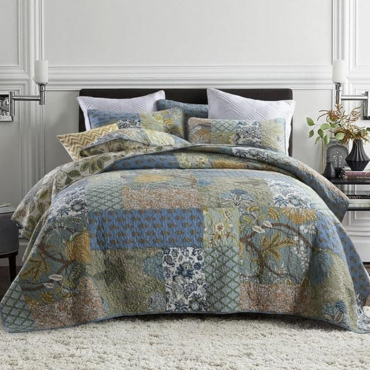Wistown Cotton Bedspread Bedding Coverlet Quilt Sets, Reversible Vintage Branch Floral Bedspread comforters, (Rustic Sage Green Patchwork Pattern, King Size)