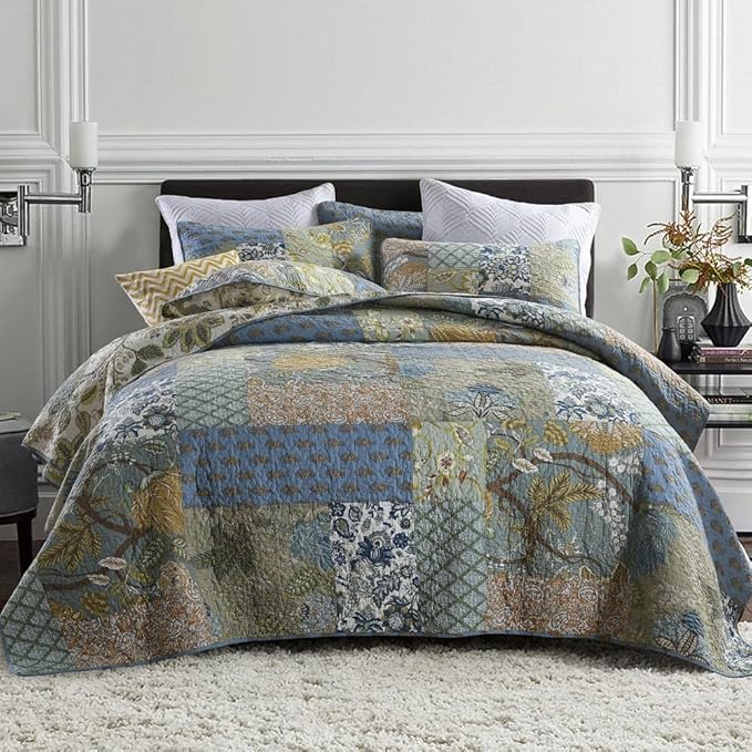 Wistown Cotton Bedspread Bedding Coverlet Quilt Sets, Reversible Vintage Branch Floral Bedspread comforters, (Rustic Sage Green Patchwork Pattern, Queen Size)