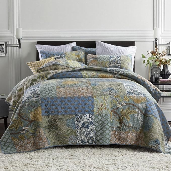 ENASAL Cotton Bedspread Quilt Sets Reversible Bedding Coverlet Sets Comforter,Patchwork Vintage Paisley Rustic Turquoise Bedspread, King Size