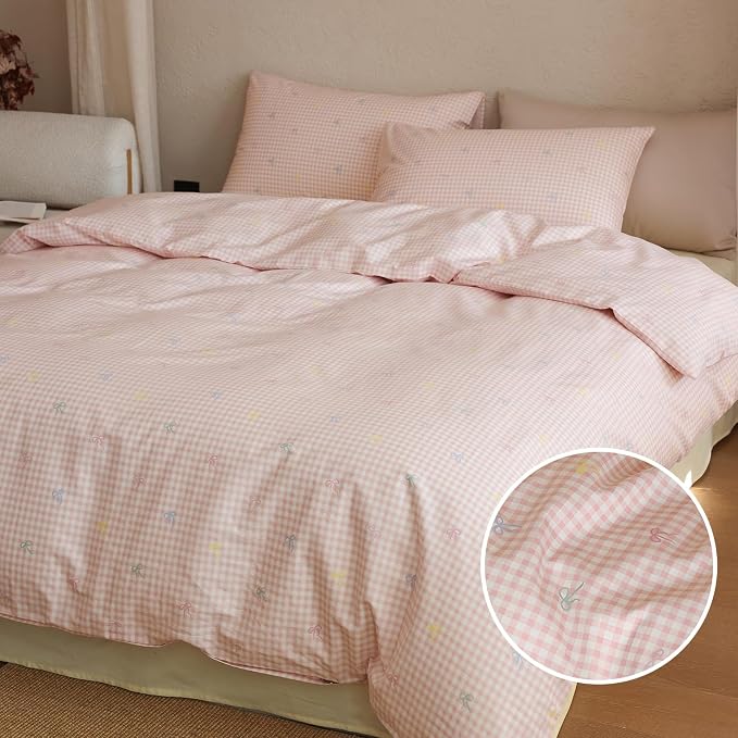 mixinni Gingham Duvet Cover Full Size, 100% Cotton Light Pink and White Gingham Bedding Set for Girls, Cute Bow Print Soft Aesthetic Cottagecore Bedding 3 Pieces (1 Duvet Cover + 2 Pillowcases)