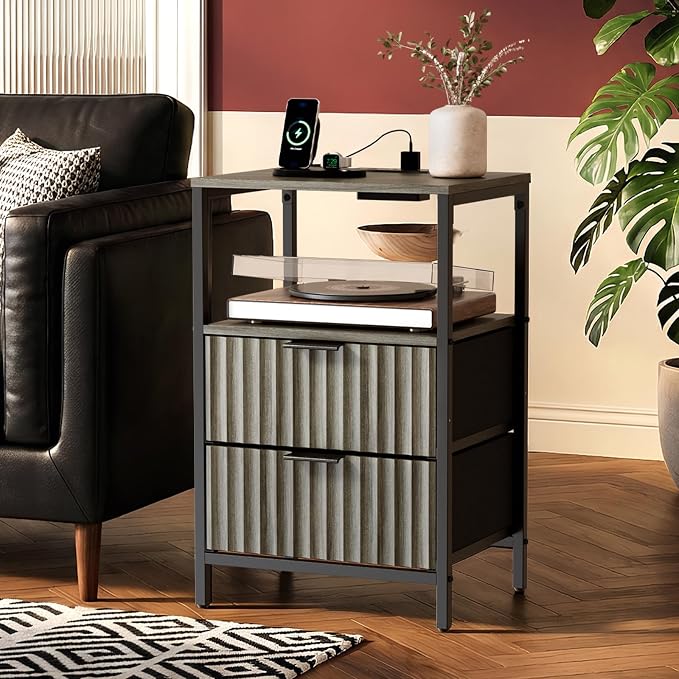 VINGLI Night Stand Set 2 with Charging Station and Fabric Drawers, Fluted Grey Night Stand Set of 2, Gray Nightstand with Drawers, Grey Bedside Tables/End Tables for Bedroom, 14.96"W*11.81"D*23.78"H
