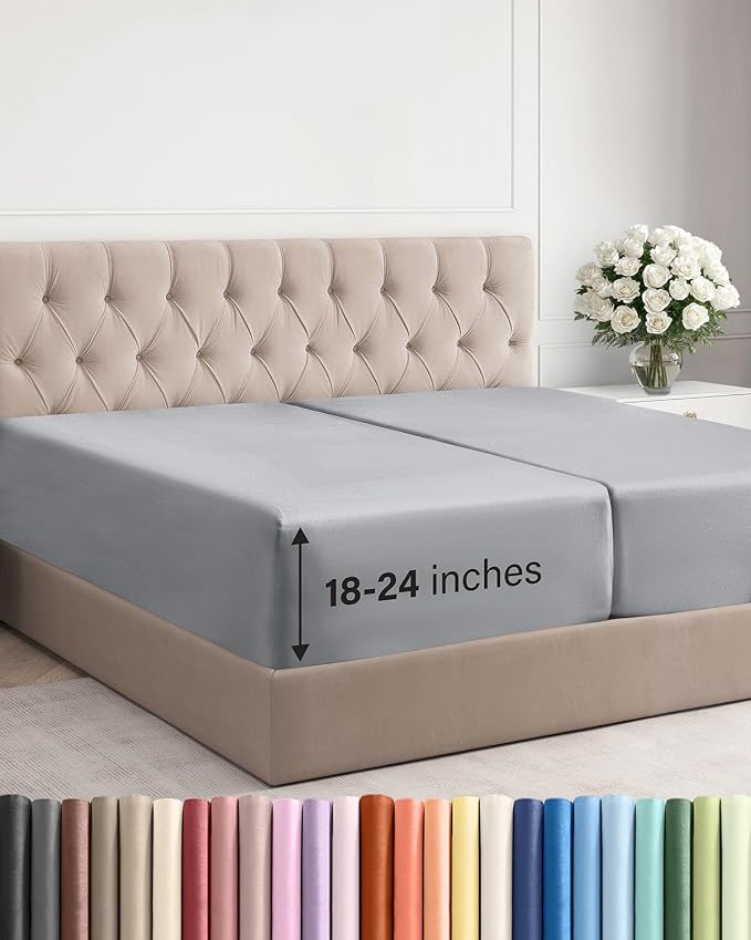 Extra Deep Split King Fitted Sheet - Single Fitted Sheet Only - Steel Blue | Easily Fits 18 inch to 24 inch Mattress, Soft, Wrinkle Free, Breathable & Comfy, Extra Deep Pockets Hotel Luxury Fitted Sheet