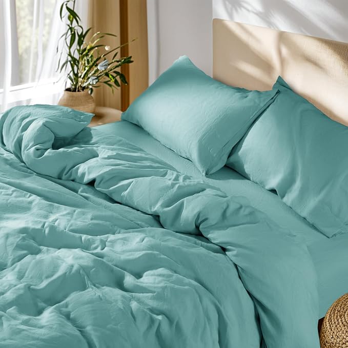 SONORO KATE 100% French Linen King Duvet Cover Set,Zipper Closure,3PC | Natural French Flax,Soft Breathable for Hot Sleepers,Moisture Wicking & Durable,4 Corner Ties,Aqua