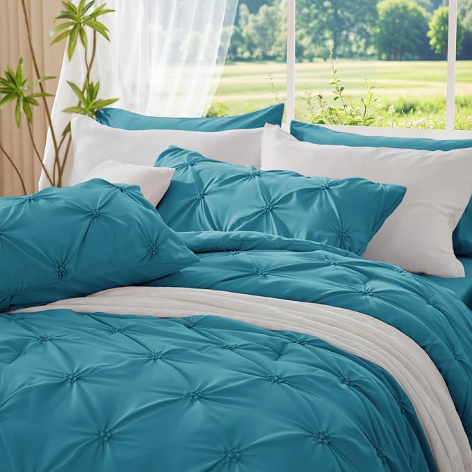 BEDELITE Twin Comforter Set Teal,Lightweight & Soft Comforter | Pintuck Boho Bedding, Warm & Cute Bed Set for All Season,With 1 Pillowcase