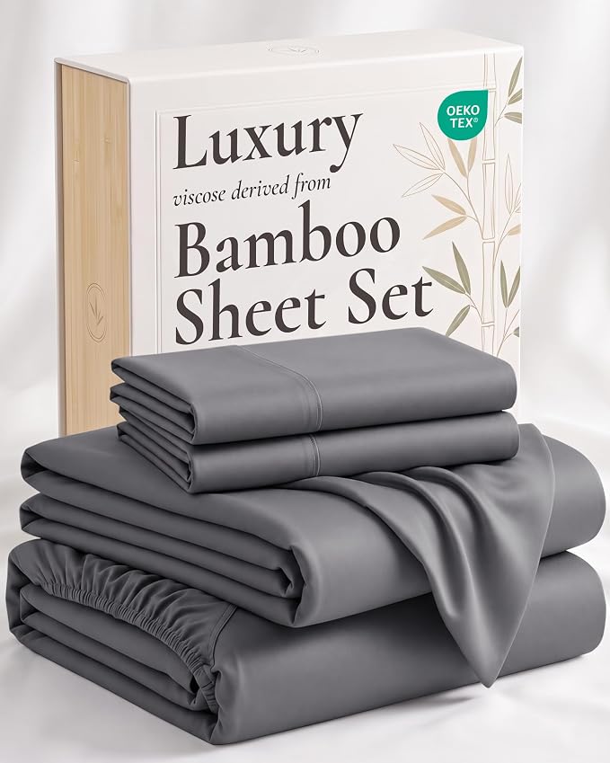 Hotel Sheets Direct 4 Piece Bed Sheet Set California King Size, 100% Viscose Derived from Bamboo Sheets Set with 2 Pillowcases, Cooling & Breathable Luxury Bedding, Moisture-Wicking Texture, Dark Gray