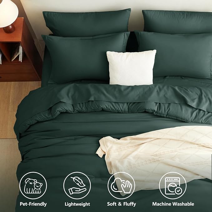 King Size Comforter Set Forest Green, 7 Pieces Bed in a Bag | OEKO-TEX Certified, All-Season, Bedroom, 240GSM Down Alternative Comforter, Flat & Fitted Sheets, 2 Pillowcases & 2 Shams