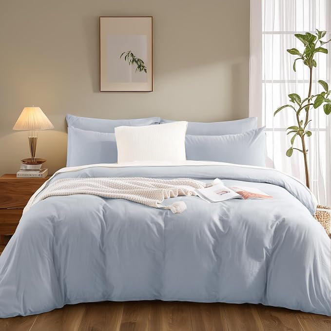 NEXHOME PRO Queen Duvet Cover Set, 100% Washed Cotton with Linen-Like Texture, Natural Organic, Breathable & Comfortable, Includes Home Bedding Set Cornflower Blue (No Comforter) 9090