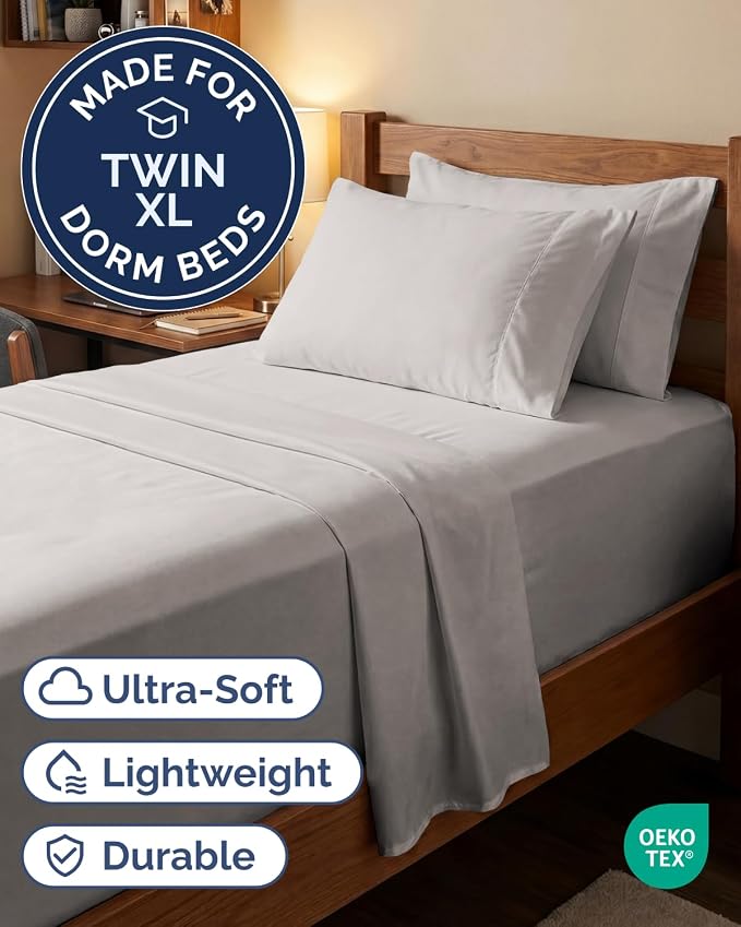 Extra Deep Twin XL Sheet Set - 4 Piece College Dorm Room - Light Grey | College Dorm Room Essentials, Easy & Secure Fit, Ultra-Soft, Wrinkle & Fade Free, Comfy Sheets Set with Extra Deep Pockets