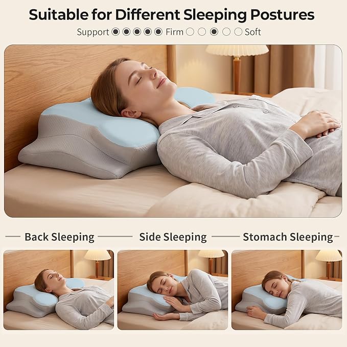 Ylekto Cervical Neck Pillow for Pain Relief - Contour Memory Foam Pillows | Ergonomic Pillow for Sleeping, Side Sleeper Pillow for Neck Support, Bed Pillow for Side Back Stomach Sleepers (Blue & Grey)