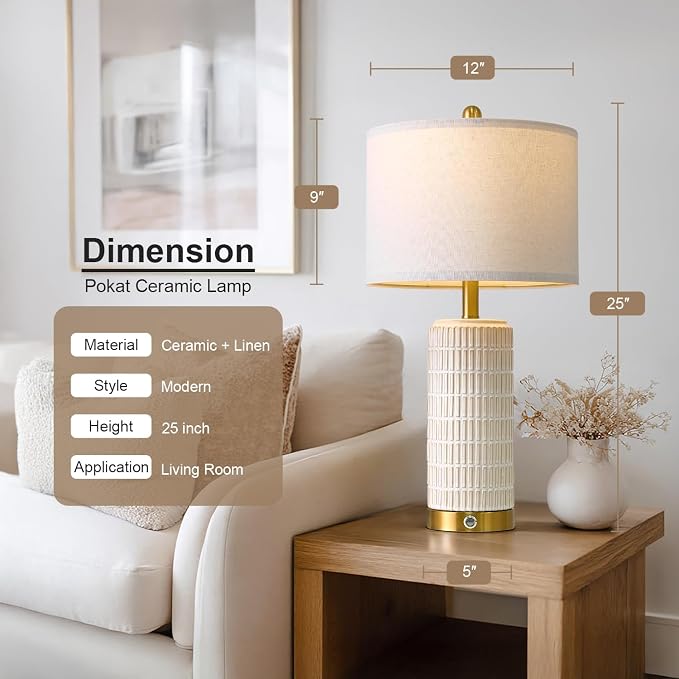 PoKat Touch Bedside Table Lamps with 2 USB for Bedroom Living Room, 25'' | Nightstand lamps Set of 2, 3 way dimmable with 2 bulbs, durable white ceramic, farmhouse & modern style for side table
