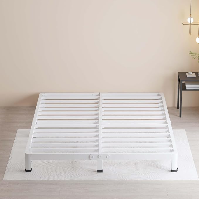 MAF 4 Inch Queen Metal Platform Bed Frame White with Round Corner Legs | Mattress Slide Stopper, 3000 LBS Heavy Duty Steel Slats Support, Noise Free, No Box Spring Needed, Easy Assembly, Anti-Slip