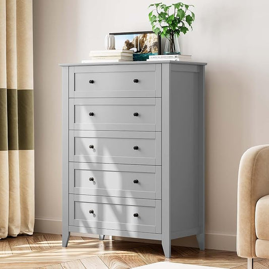 Garvee 5 Drawer Dresser for Bedroom, Modern Tall Chest of Drawers with Metal Knobs, Wooden Clothes Storage Organizer for Closet, Nursery, Living Room, Apartment, Grey | Lacquered Finish, Metal Knobs, Clothes Storage Organizer for Closet, Nursery, Livin...