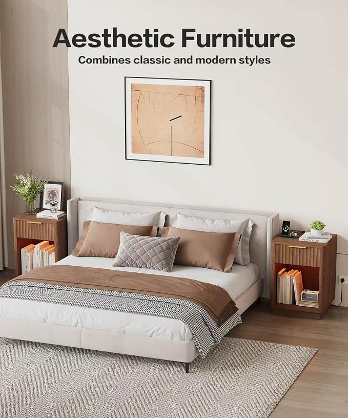 Akxomel Fluted Nightstand Set 2 Bedside Table with Charging Station Walnut | Wooden Side Table with LED Light, Modern Mid Century End Table with Drawer, 15" D x 15.7" W x 22.6" H, for Bedroom