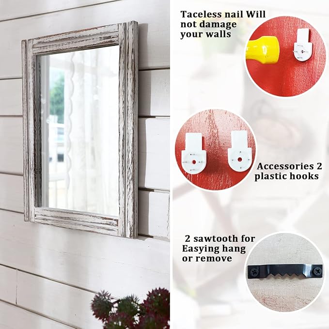 AAZZKANG Wall Mirror Rustic Wood Framed Rectangle Mirrors for Wall 16"x12‘’ | Decorative for Bedroom Bathroom Living Room Entryway Farmhouse Hanging Small