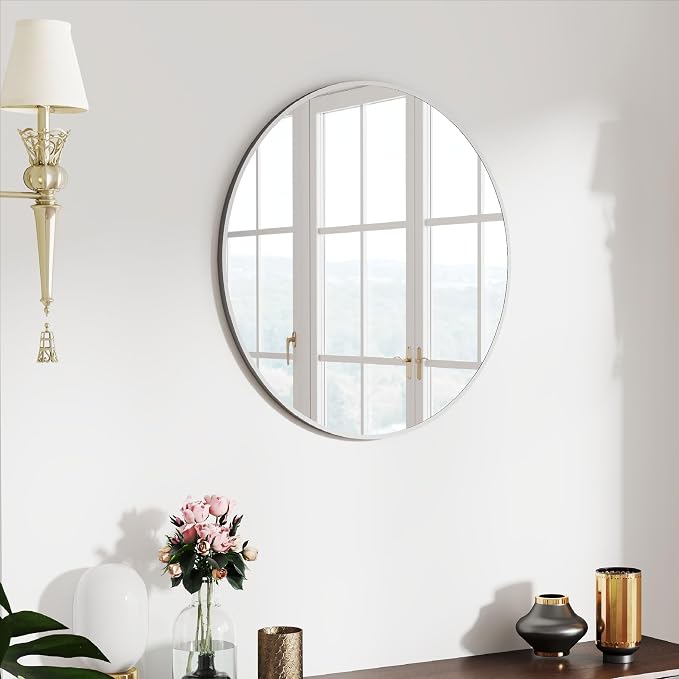 SCWF-GZ 24" Round Mirror Circle Wall Mounted Hanging/Against Wall Silver | HD Crystal Clear No distortion Tempered Glass,Aluminum Frame,Make-Up Mirrors for Bedroom,Entryway,Bathroom,Living Room